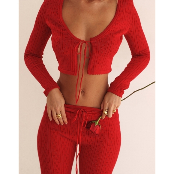HOUSE OF CB Perla Cherry Pointelle Knit Top + Abigail Capri Trouser Red Set - Picture 5 of 16